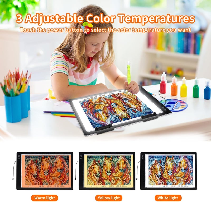 KEIWRLIGHT Rechargeable A2 Light Pad for Diamond Painting, 3 Colors High Bright Tracing Light Box with 6 Levels/Stepless Dimming, Fast Charging Adapter & 5555Lux, Large Drawing Light Board for Sketching - Image 5